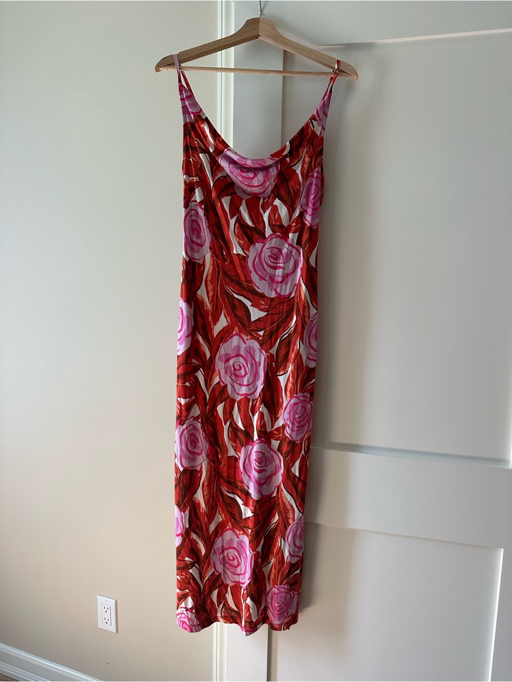 Diane Von Furstenberg Red Slip Maxi Dress with Pink Rose Print